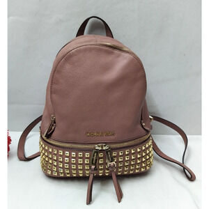 Michael Kors Rhea Pink Pebbled Leather Studded Top Handle Zipper Backpack